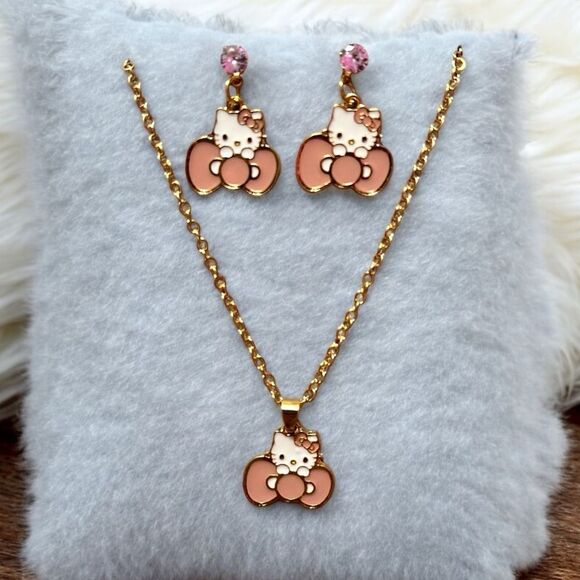 Sanrio Jewelry - Light Pink Bow Hello Kitty Gold Tone Earrings And Necklace Set